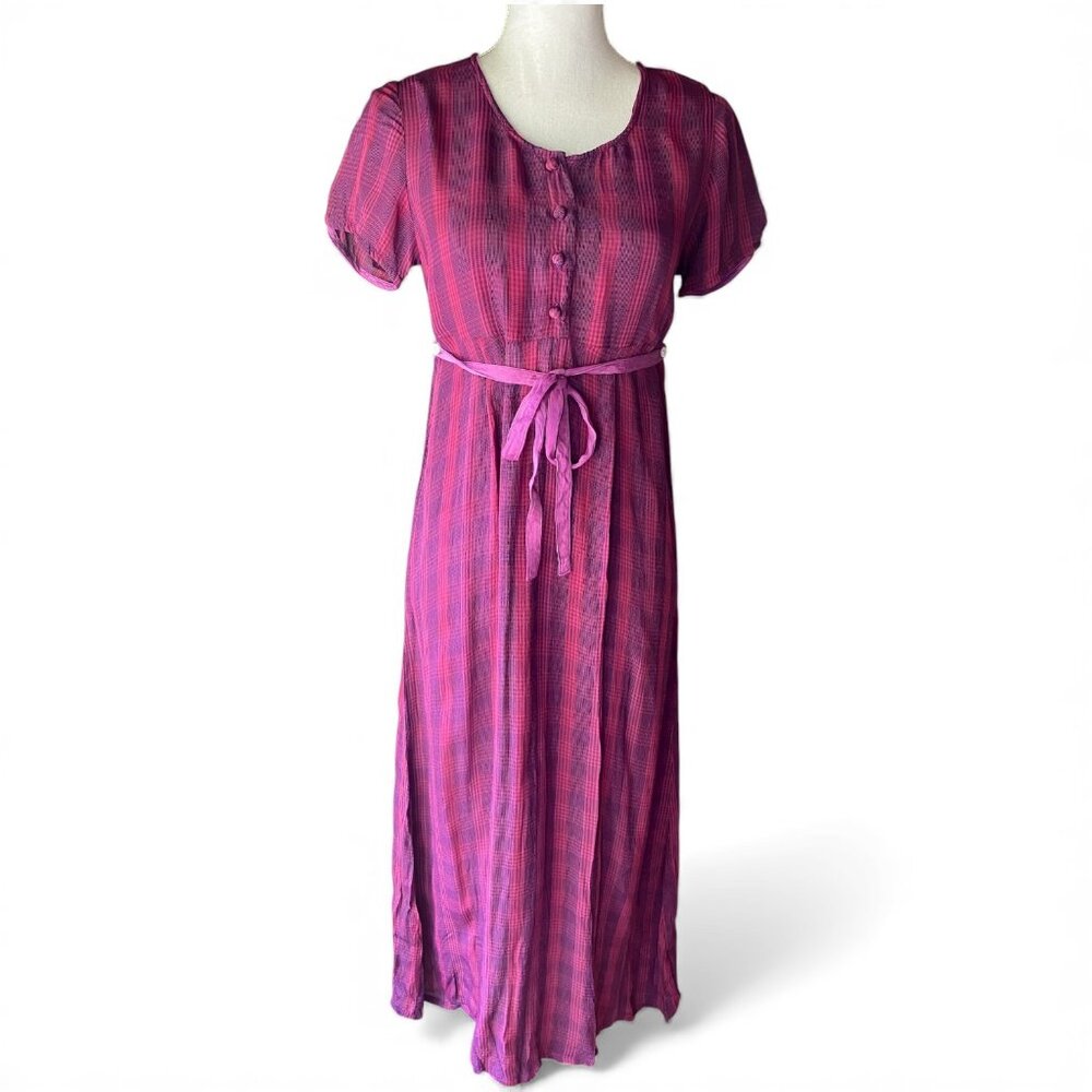 Pudding Shop VTG 90s Rayon Maxi Dress Pink Purple Plaid Modest Peasant Grunge XS